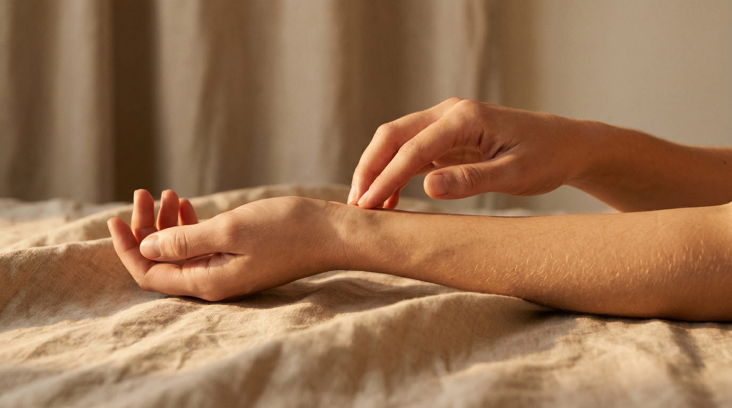 a fingertip pressing solid perfume to the inside of a wrist, golden afternoon light on warm linen