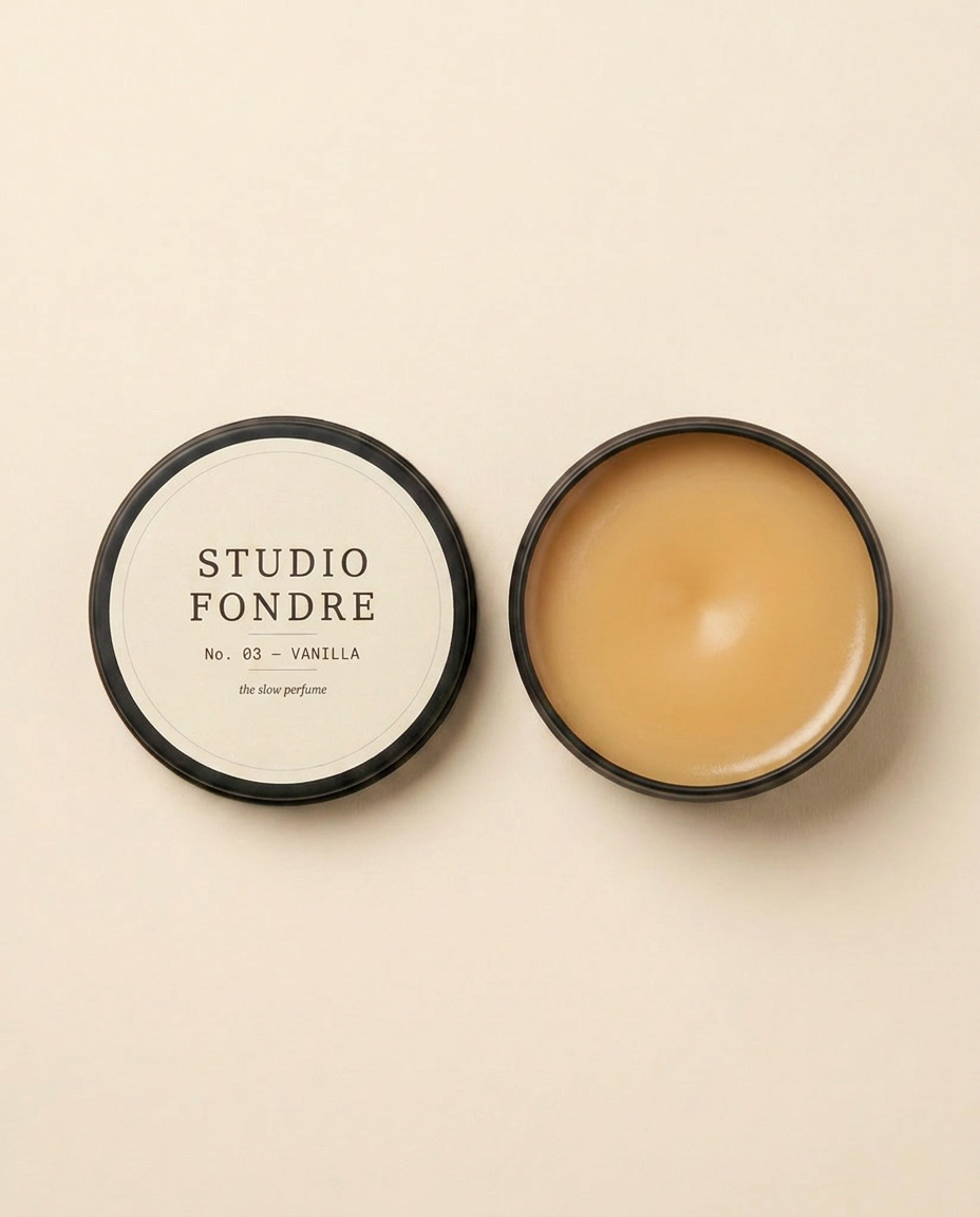 Studio Fondre No. 03 VANILLA open showing creamy honey-amber wax interior