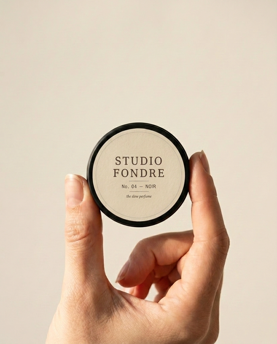 Solid perfume tin held between fingers, showing pocket-sized scale