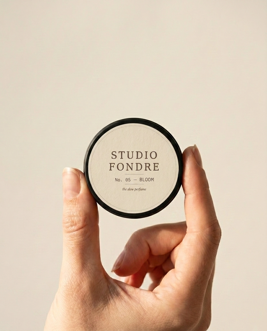 Solid perfume tin held between fingers, showing pocket-sized scale